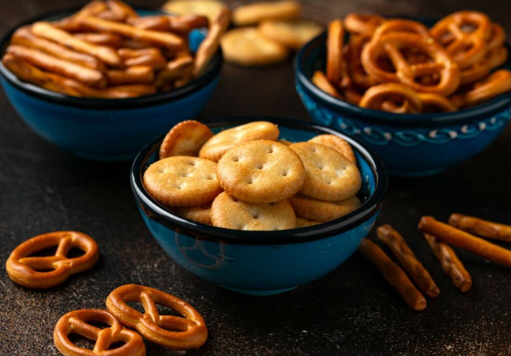 Three blue bowls filled with assorted snacks including pretzels and crackers on a dark, textured surface.
