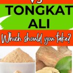 Promotional image comparing maca and tongkat ali, featuring powdered maca in a bowl and sliced tongkat ali root with a headline asking which one to choose.