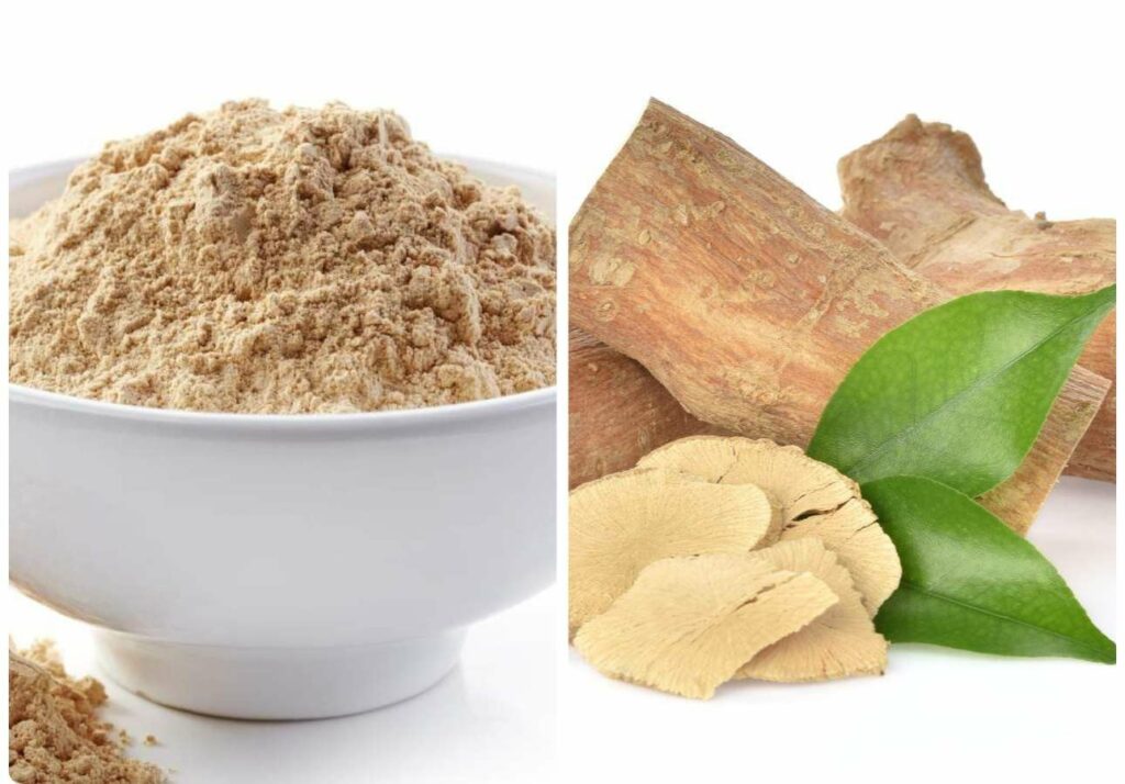 Bowl of beige powder on the left and pieces of beige roots and slices with green leaves on the right on a white background.