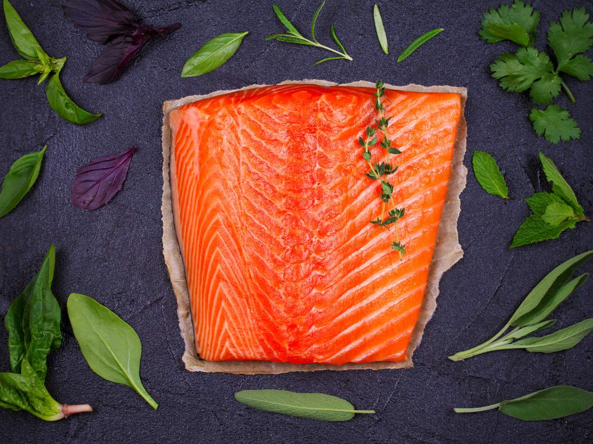 Fresh salmon fillet surrounded by various herbs on a dark slate background.