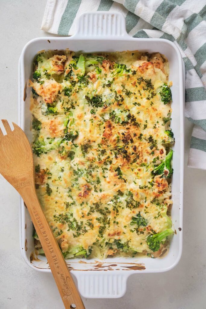 A baked chicken broccoli Alfredo casserole.