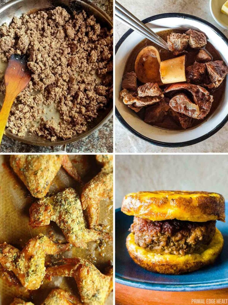 A collage of four images of cooked meat.