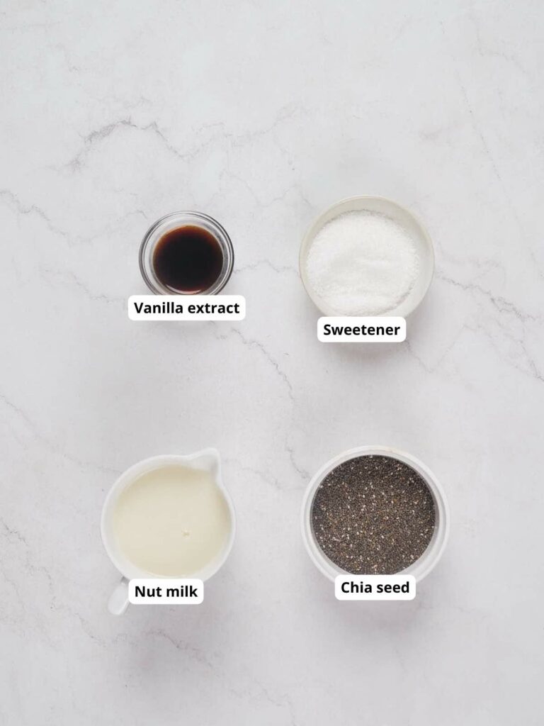 Overhead view of four labeled ingredients for low carb chia pudding.