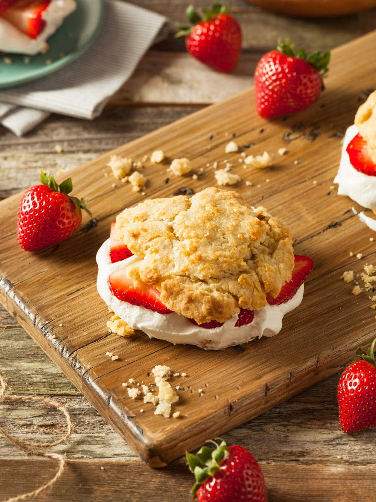 A wooden board holds a biscuit sandwich with whipped cream and strawberry slices.