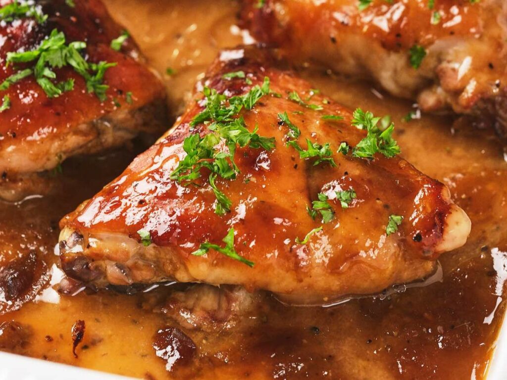 Close-up of apricot chicken thighs garnished with fresh parsley, sitting in a sauce.