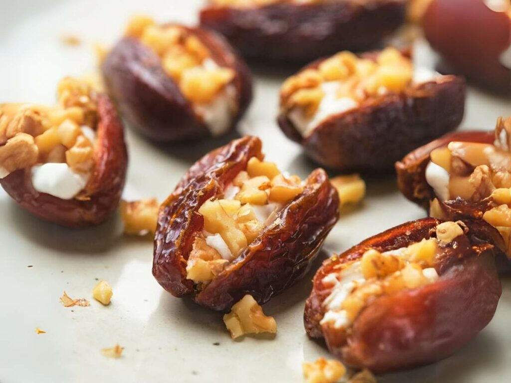 Stuffed dates with chopped nuts and goat cheese on a light-colored plate.