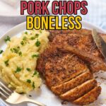 Text overlay says "Family-Favorite Air Fryer Pork Chops Boneless.