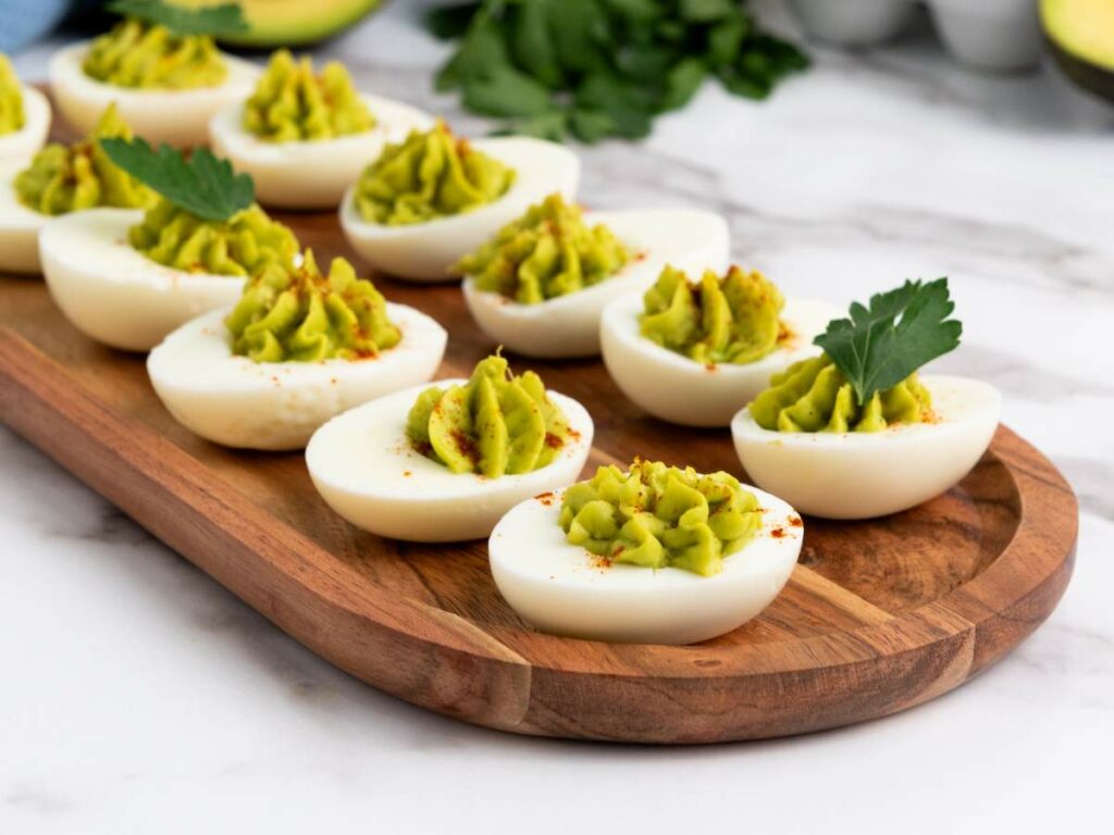 Wooden tray with avocado deviled eggs, garnished with paprika and parsley.