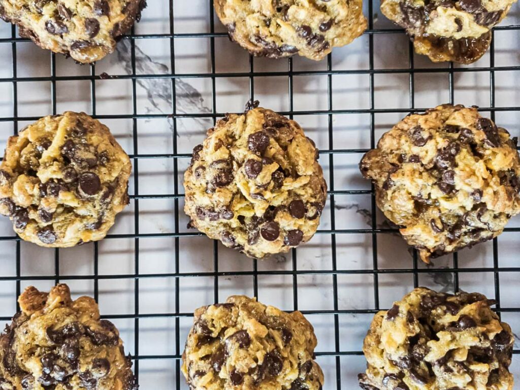 Keto magic cookies cooling on a wire rack.