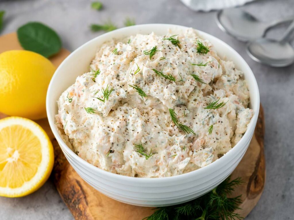 A white bowl filled with creamy salmon dip, garnished with dill and cracked pepper, placed on a wooden board. A cut lemon and two spoons are nearby.