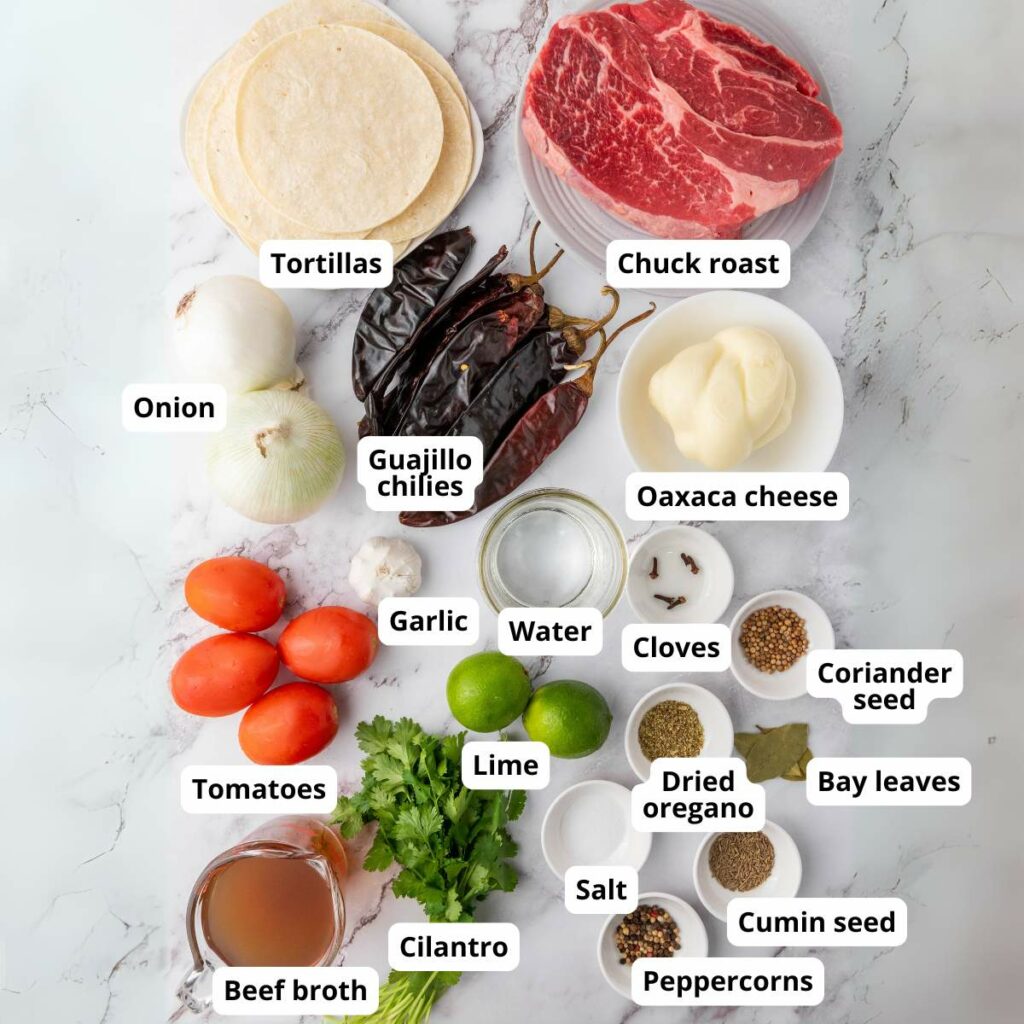 Ingredients for quesabirria tacos labeled on a white background.