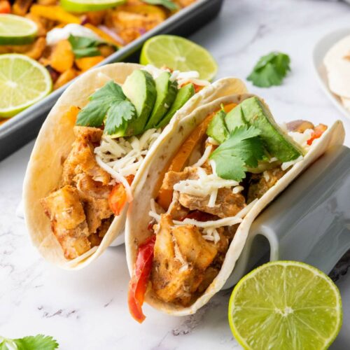 Two chicken fajita tacos with avocado, cheese, cilantro, and peppers on tortillas.