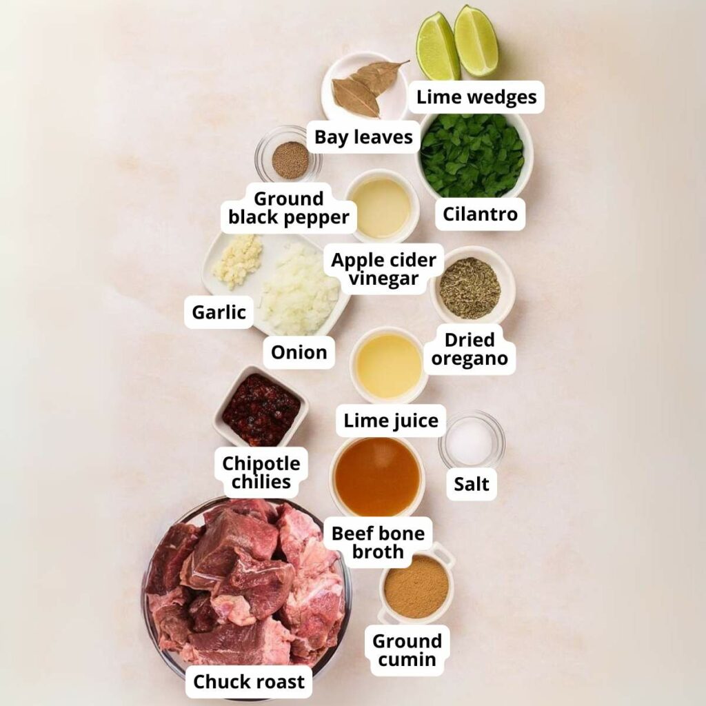 Ingredients for beef barbacoa arranged on a white surface, labeled.