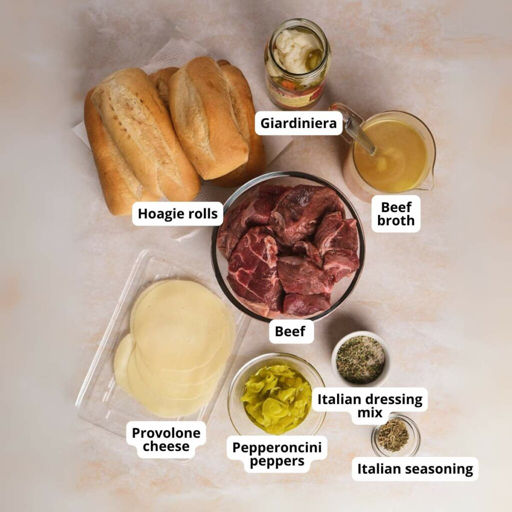 Overhead view of italian beef ingredients ,all labeled.
