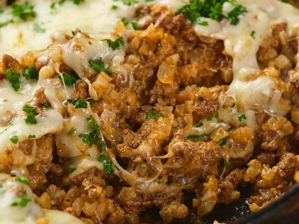 Close-up of italian ground beef skillet with ground meat, melted cheese, chopped onions, and parsley garnish.
