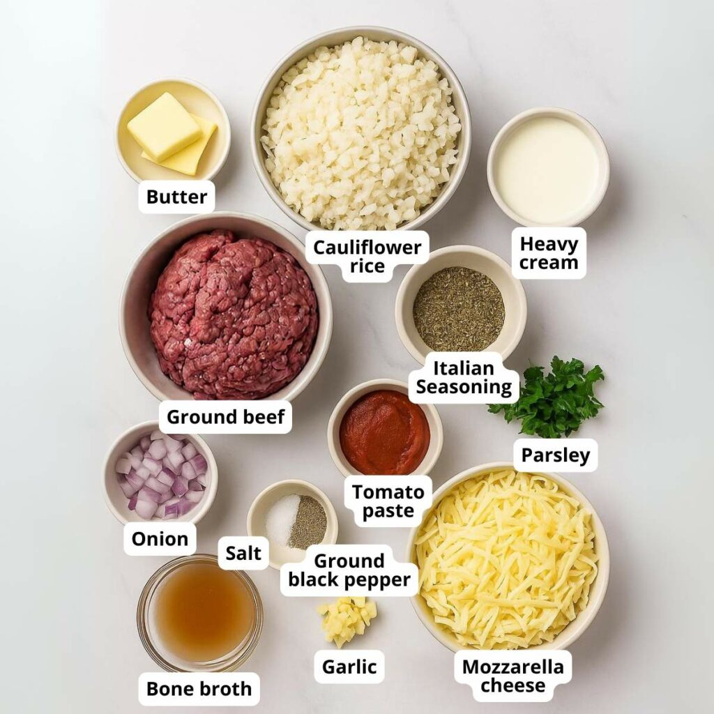 Various labeled ingredients for italian ground beef skillet in bowls.