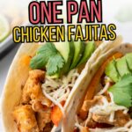 Two chicken fajitas in tortillas with sliced avocado, shredded cheese, and red bell peppers, positioned on a white plate.