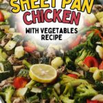 A sheet pan filled with baked chicken, zucchini, red bell peppers, and lemon slices, with text overlay promoting a chicken and vegetable recipe.