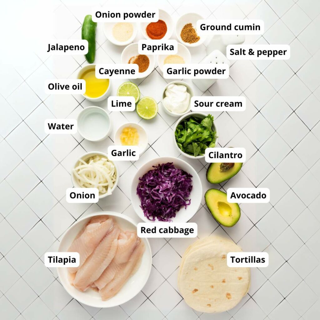 Top-down view of labeled ingredients for fish tacos.