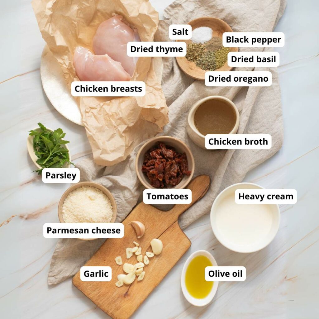 A top view of ingredients for a chicken dish.