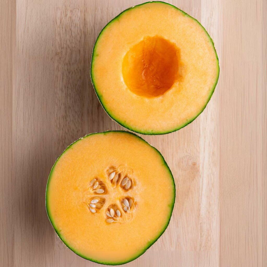 A cantaloupe cut in half on a wooden surface, showing the orange flesh and seeds inside.