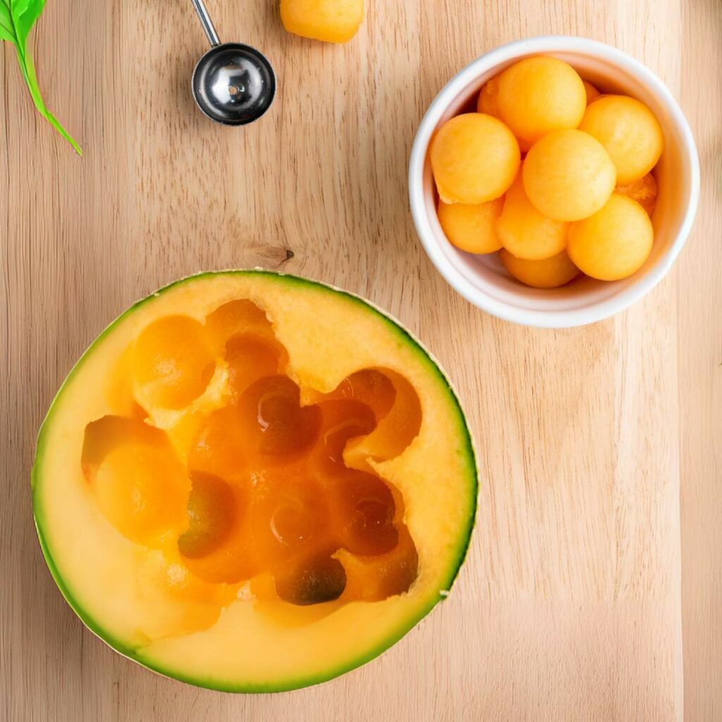 A halved cantaloupe with melon balls scooped out sits on a wooden surface beside a white bowl filled with melon balls and a melon baller utensil.