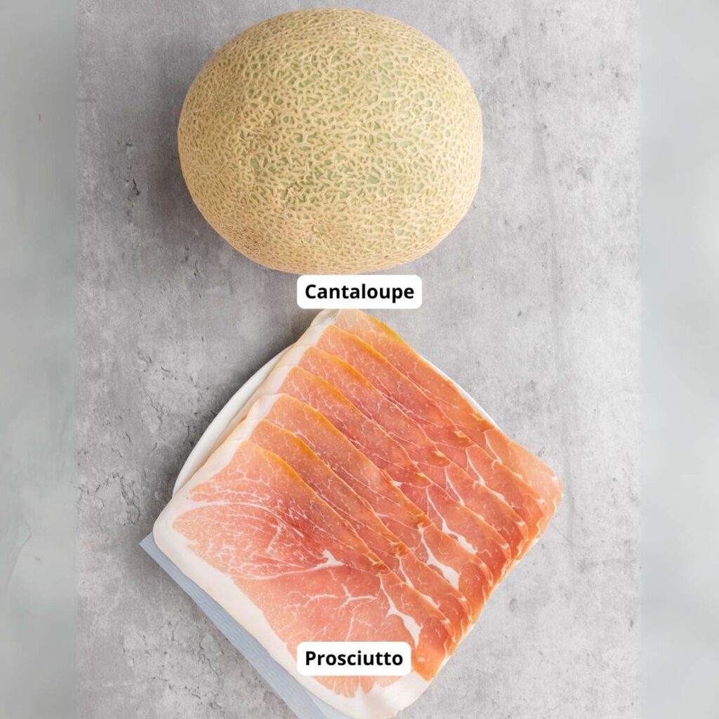A whole cantaloupe and several slices of prosciutto are placed on a gray surface, each labeled accordingly.