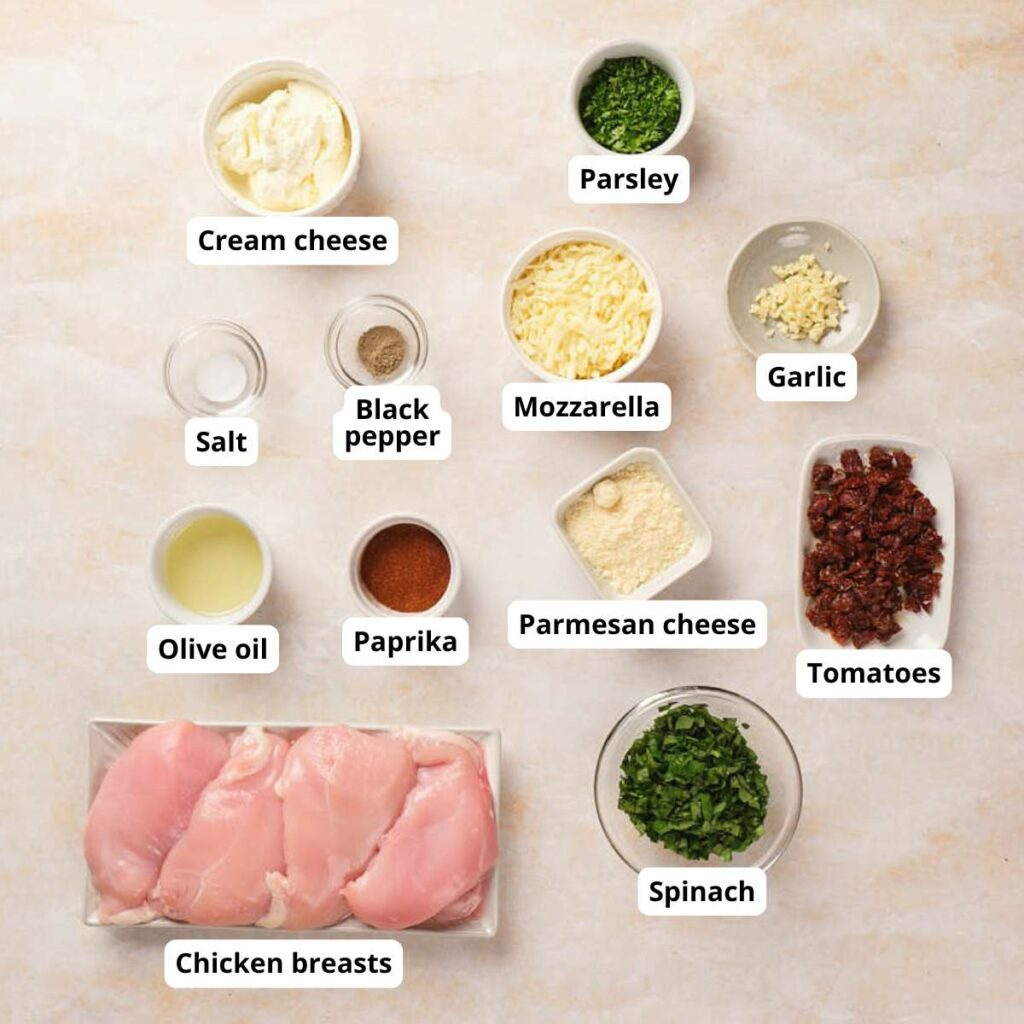 Top-down view of labeled ingredients for stuffed chicken breast on a countertop.