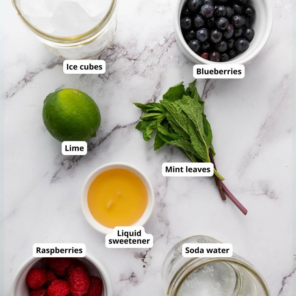 Seven labeled ingredients for a recipe are arranged on a white surface.