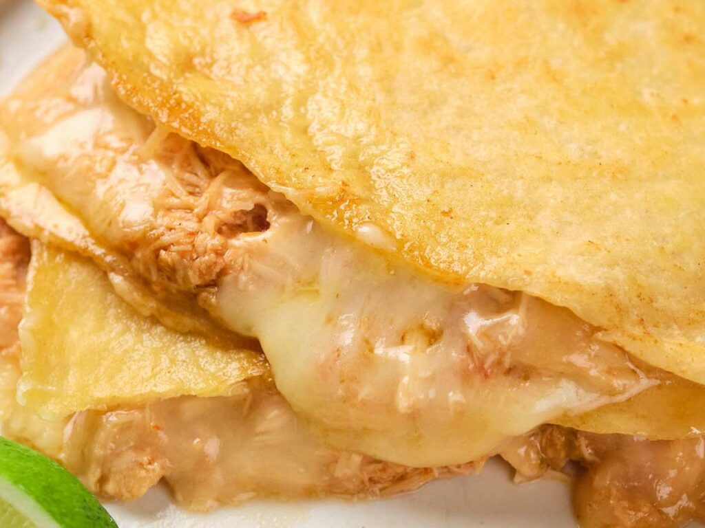 Close-up of a folded cheesy chicken quesadilla on a white plate.