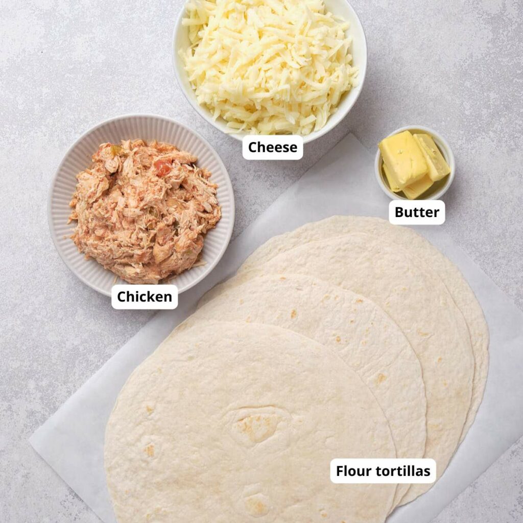 A flat lay labeled ingredients of chicken quesadillas on a light surface.