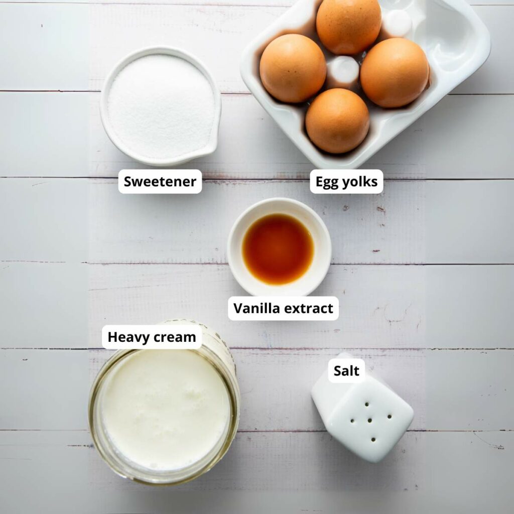 Five labeled ingredients for a recipe are arranged on a white surface.