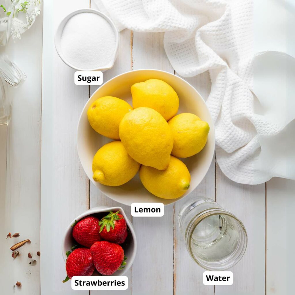 Top-down view of a bowl of strawberry lemonade labeled ingredients.