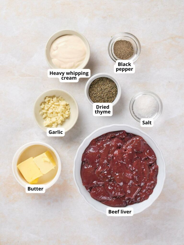 Labeled ingredients of beef liver pato on a white surface.