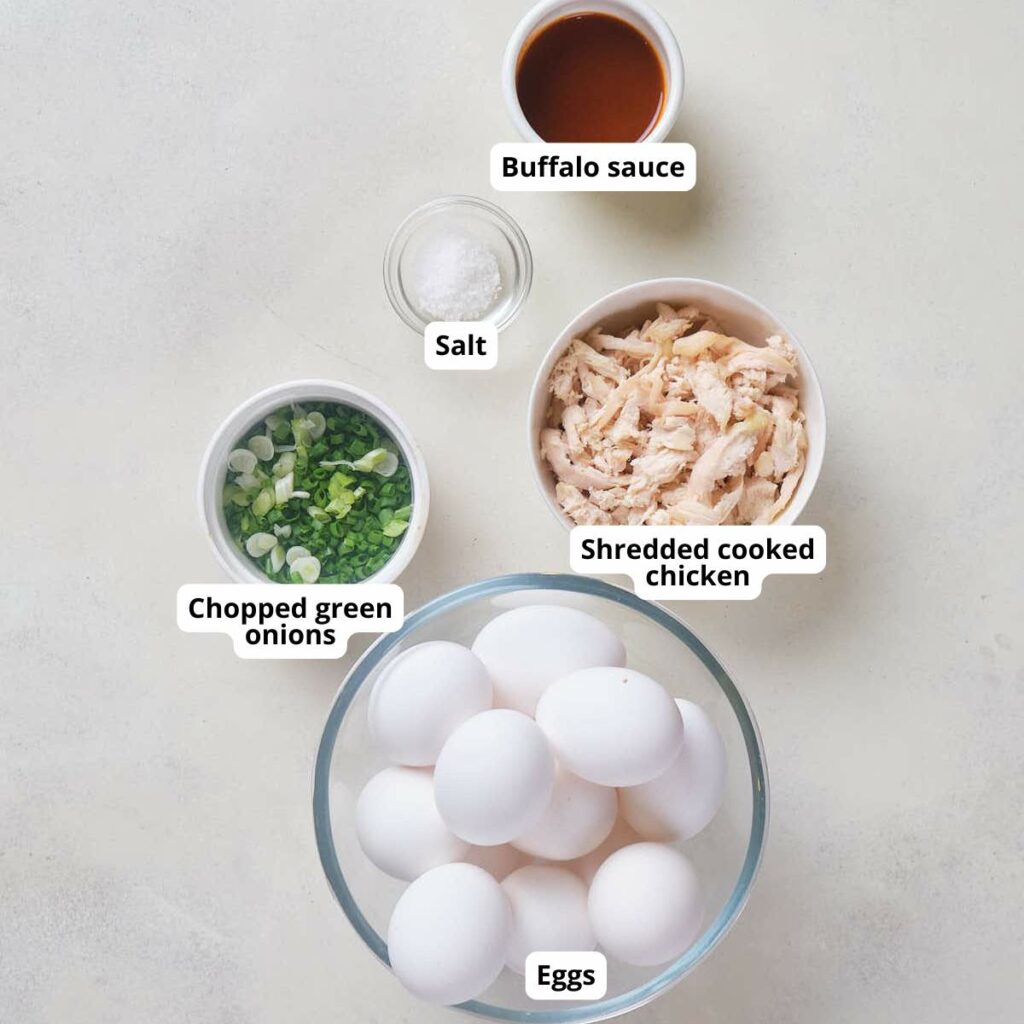 Top-viewed of labeled ingredients for buffalo chicken muffin.