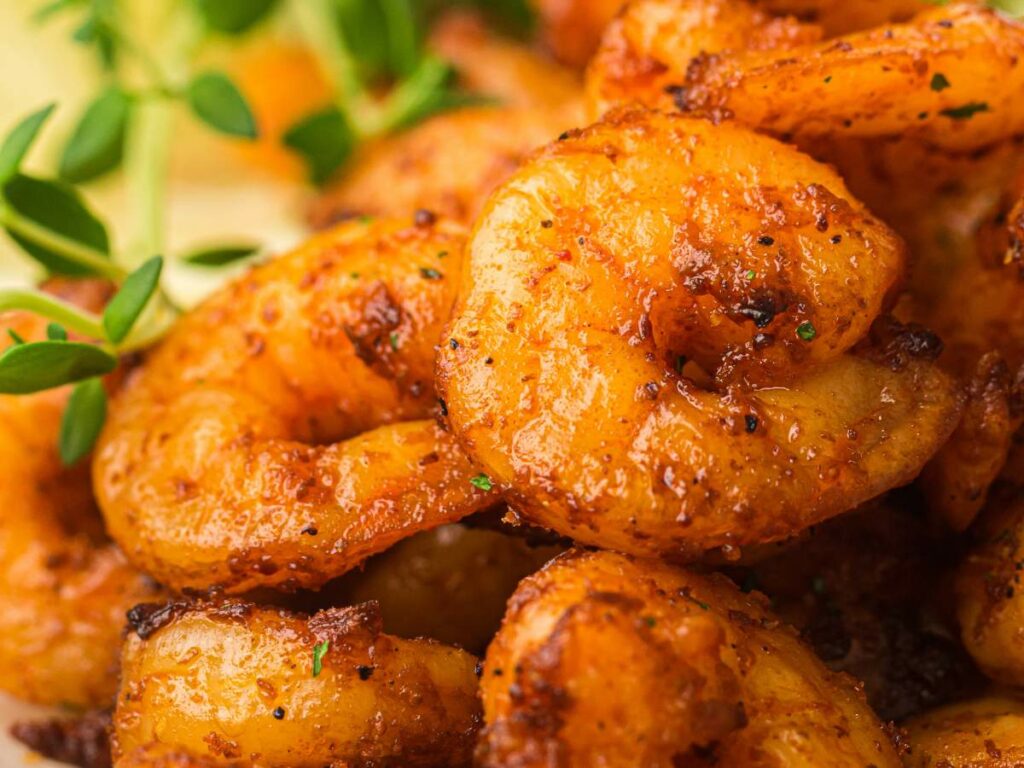 Close-up of seasoned, cooked shrimp garnished with green herbs.