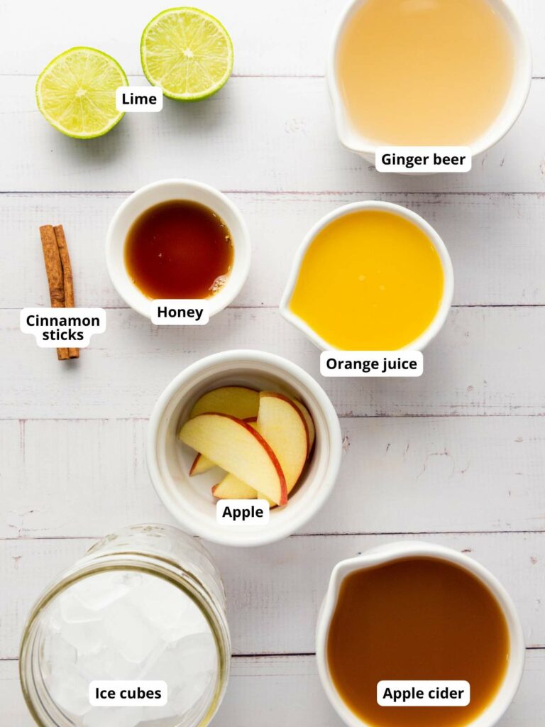 Labeled ingredients for apple cider mocktail.