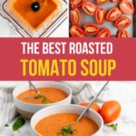 A blender with tomato soup, halved tomatoes on a tray, and two bowls of tomato soup with herbs and spoons, next to fresh tomatoes and basil.