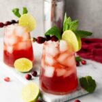 Two glasses of red iced cocktails garnished with lime slices, mint leaves, and cranberries, set on a marble surface.