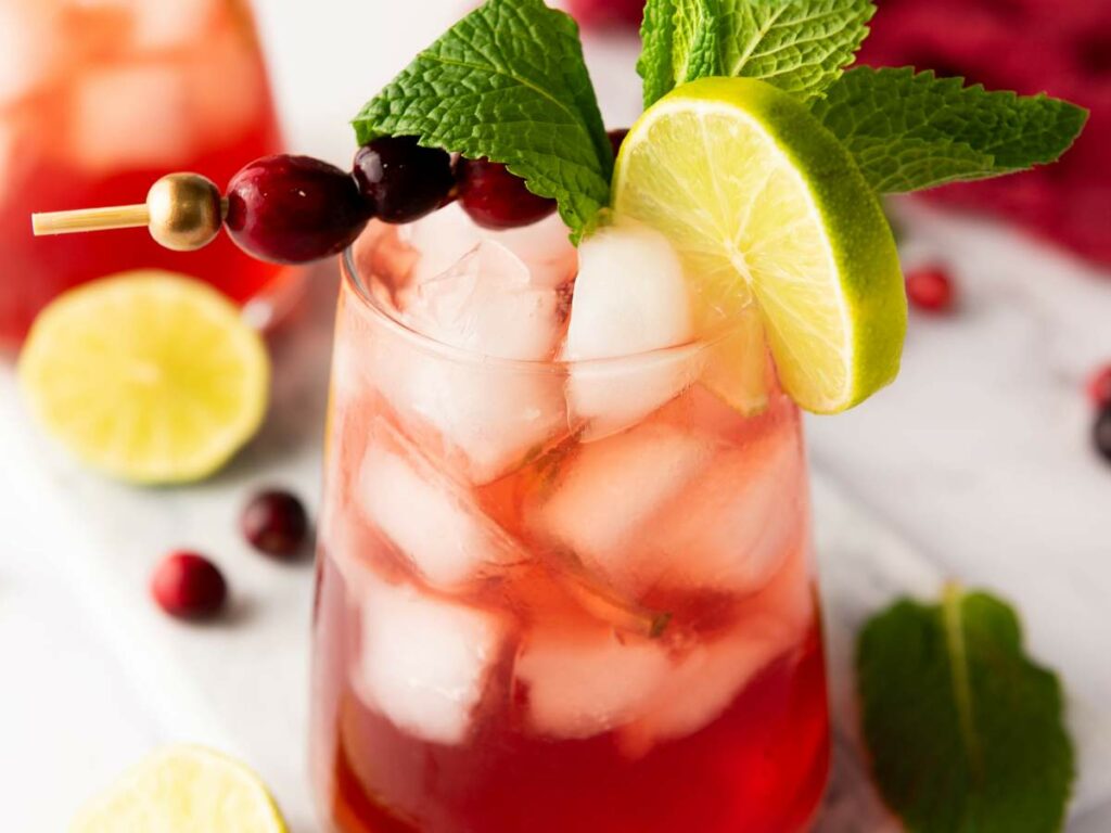 A glass filled with anberry mocktail, garnished with a lime slice, fresh mint, and cranberries on a skewer.