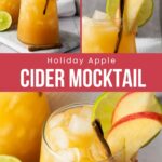 A glass of orange apple cider mocktail with ice, garnished with apple slices and a cinnamon stick.