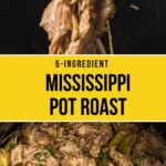Shredded Mississippi pot roast with peppers in a black pot, displayed in two close-up images.