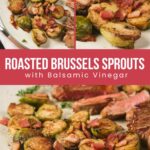 Roasted Brussels sprouts with bacon pieces, served on a plate, topped with balsamic vinegar.