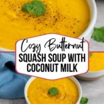 A bowl of creamy orange butternut squash soup garnished with cilantro and black pepper.