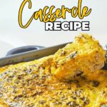 A baked keto breakfast casserole with melted cheese being served from a square baking dish.