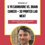 Podcast episode cover titled "5 Yr Carnivore vs. Brain Cancer + 3D Printed Lab Meat," featuring guest expert Andrew Scarborough.