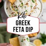 A hand dips a cracker into a bowl of creamy white keto Greek feta dip.