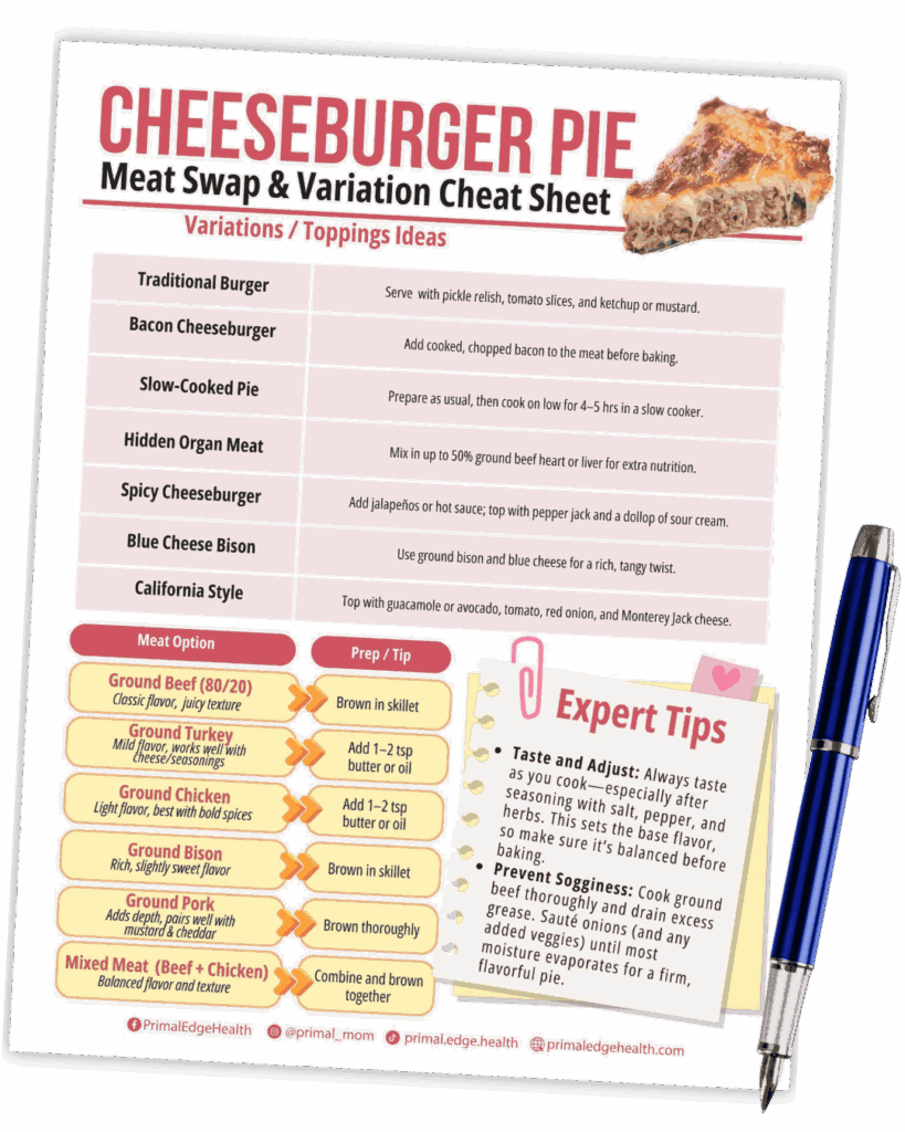 A cheeseburger pie meat swap and variation cheat sheet with tips, a list of meat options, recipe ideas, and a pen placed beside the sheet on a white surface.