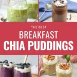 A collage of various chia pudding breakfast recipes in glass cups, topped with fruits, nuts, and coconut.