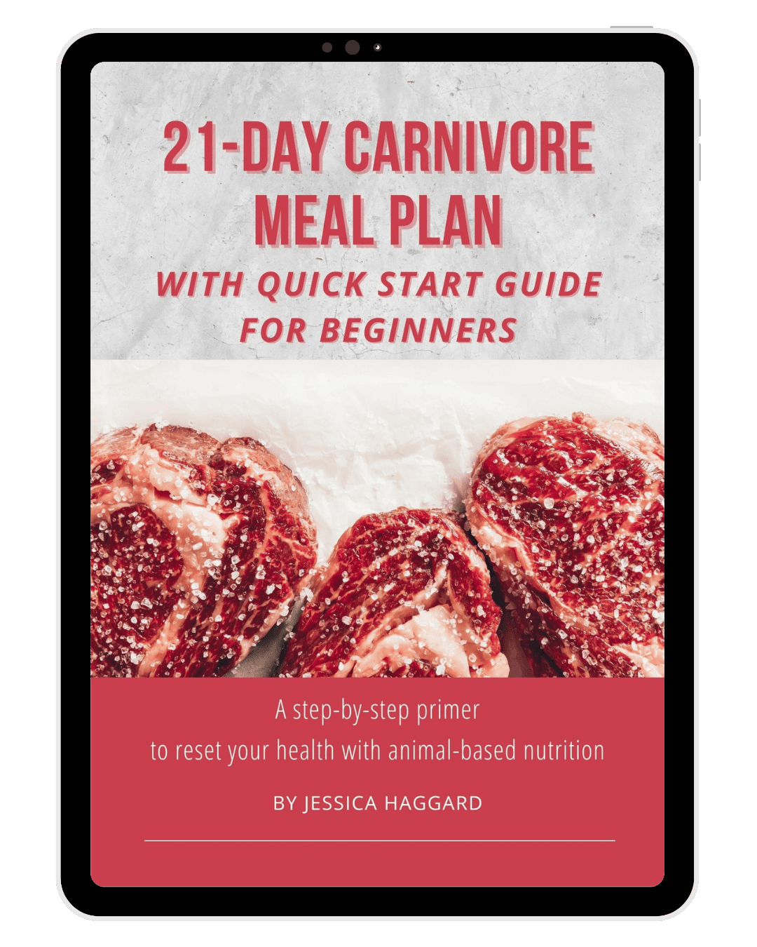 Tablet screen displaying the cover of the cookbook "21-Day Carnivore Meal Plan," featuring two raw steaks and author Jessica Haggard's name shown.